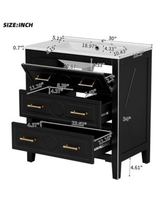 30" Freestanding Vanity With Ceramic Sink Combo and 3 Drawers, Solid Wood Frame