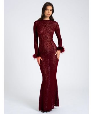 Women's Patricia Burgundy Leopard Burnout Velvet Mesh Backless Maxi Dress