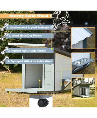 44.1 in. Outdoor Wooden Dog house with Food bowl, 4 swivel wheels in Gray