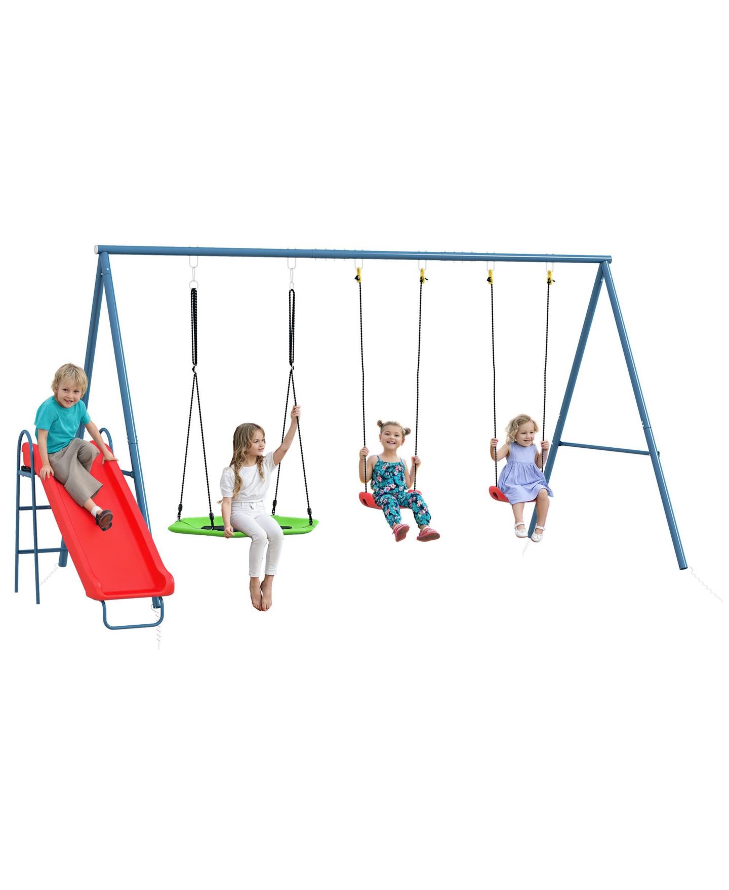 Детские игрушки Outsunny 3 in 1 Metal Swing Set with Nest Swing, Slide & Swing Seats, Holds Up to 352 lbs., Ages 3-10, цвет: Красный — фото 1