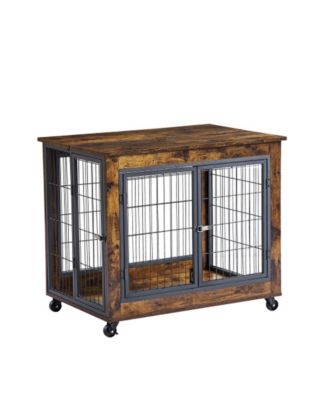 Rustic Brown 31.50''W x 22.05''D x 25''H Dog Crate Table Wheels Double Doors Lift Top