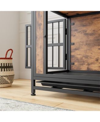27.48'' Rustic Brown Wooden Dog Crate Table Sliding Doors Thick Iron Frame Indoor