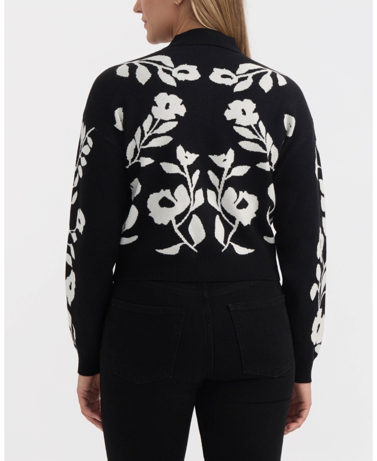 Ellen Tracy Floral Snap Front Crop Cardigan In Black