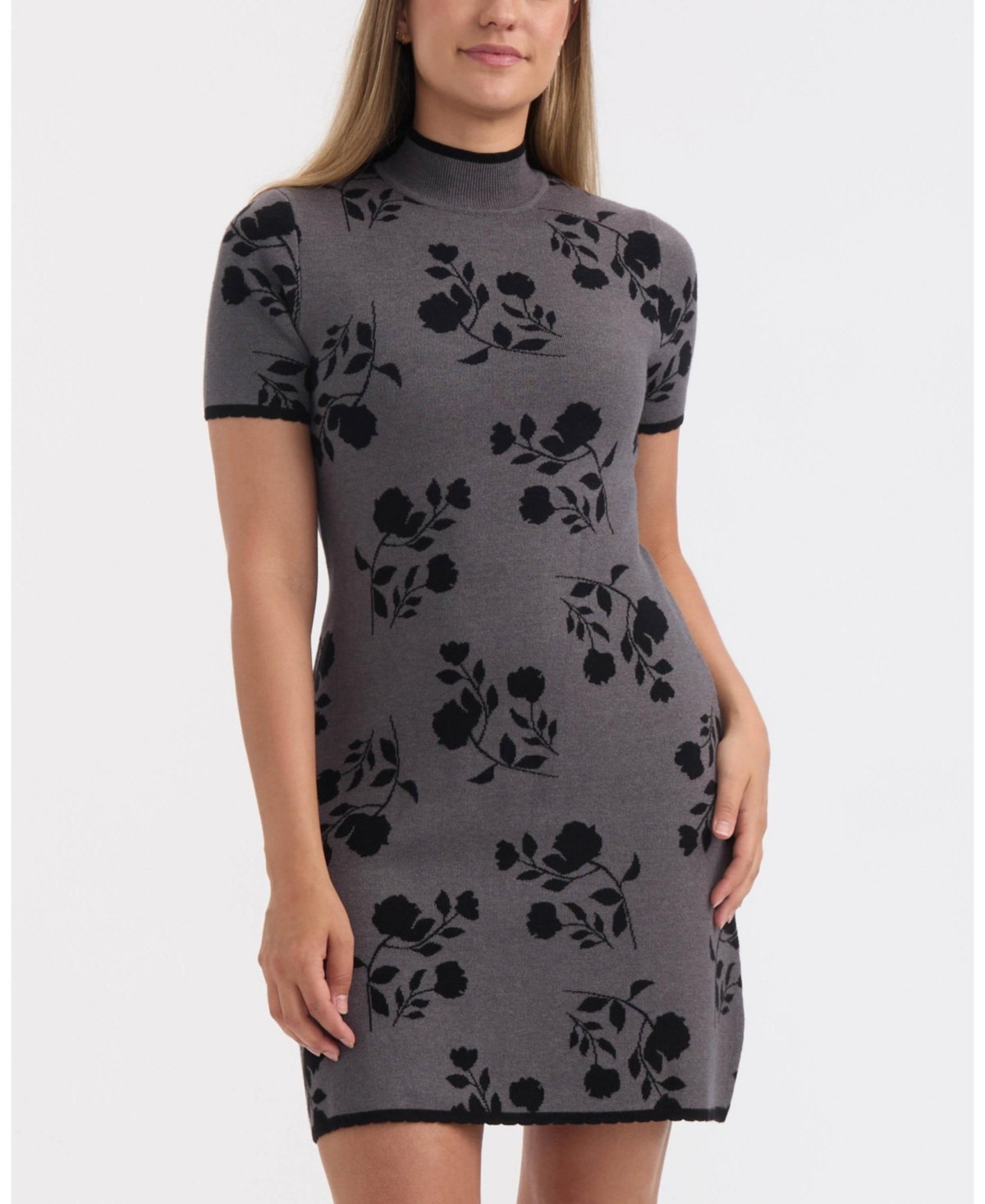 Ellen Tracy Floral Jacquard Short Sleeve Sweater Dress In Gray
