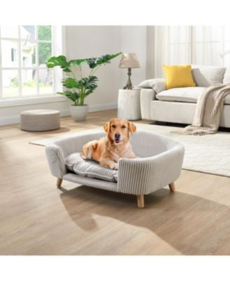 Beige Luxury Elevated Dog Bed Corduroy Pet Couch with Rubber Wood Legs for Small Dogs Easy Assembly