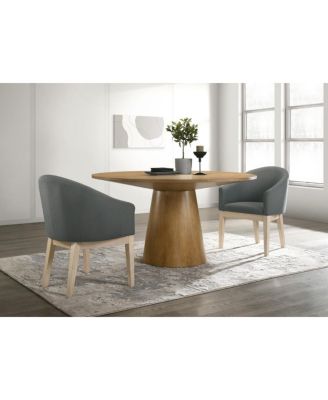 Driftwood Finish 3 Piece 59"W Round Dining Table Set with Gray Barrel Chairs