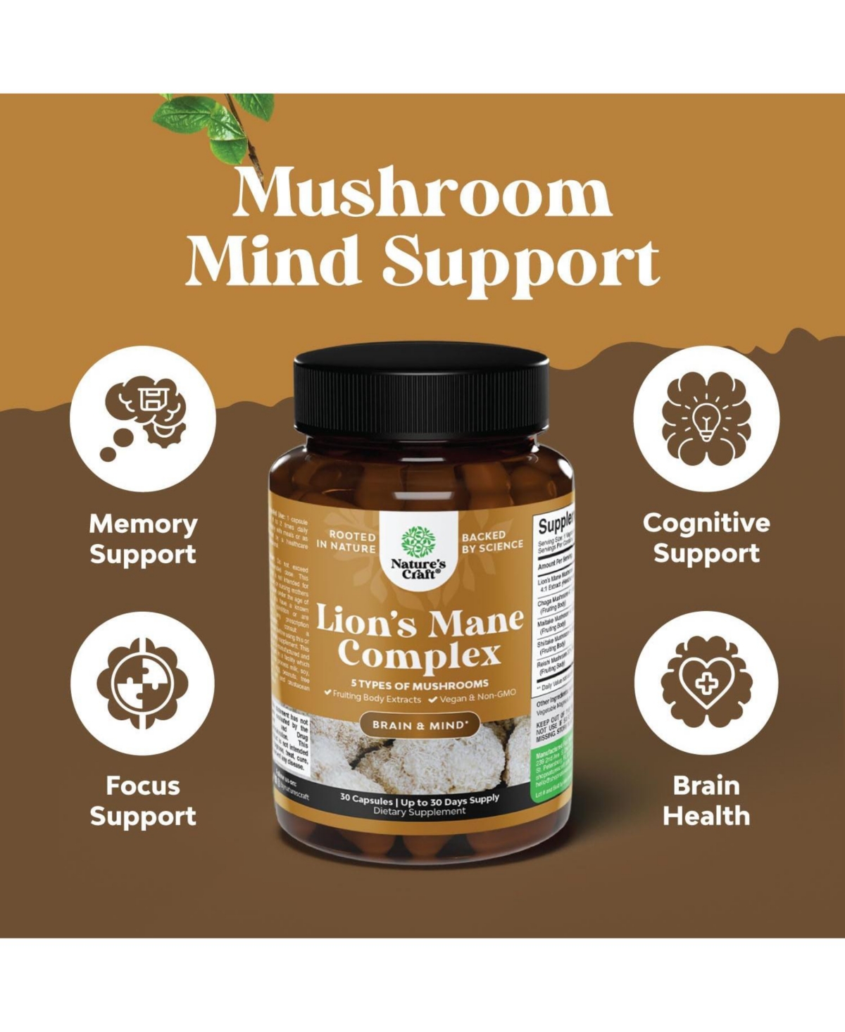 Nature's Craft Lion's Mane Complex Capsules, Brain Booster Nootropic Supplement with Chaga Maitake Shiitake and Reishi, Nature's Craft