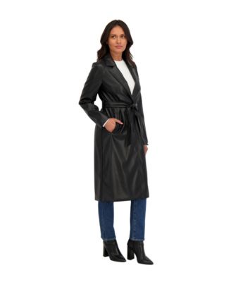 Women's Belted Snap Front Faux Leather Long Trench Coat