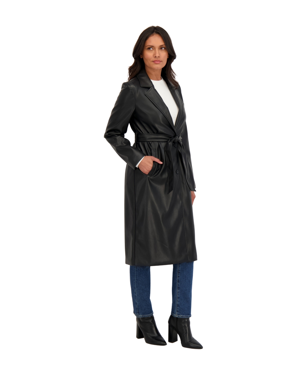 Sebby Collection Women's Belted Snap Front Faux Leather Long Trench Coat In Black