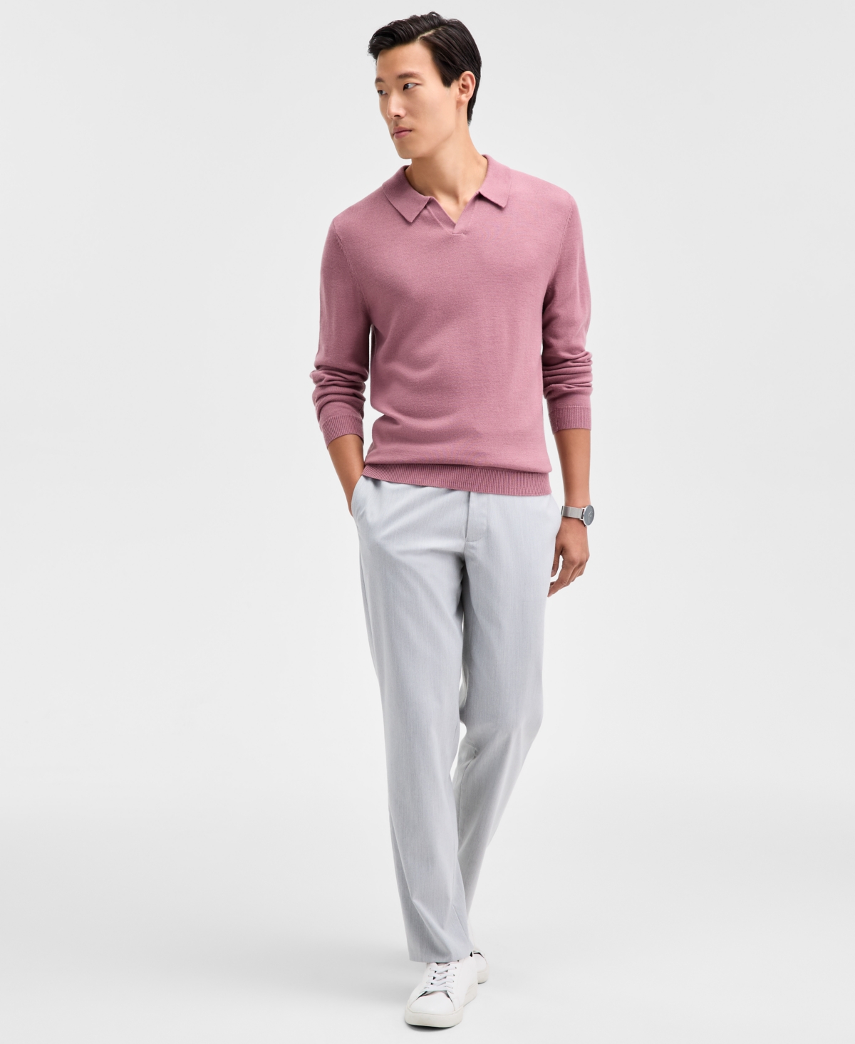 Alfani Men's Long-sleeve Johnny Collar Merino Sweater, Created For Macy's In Pink