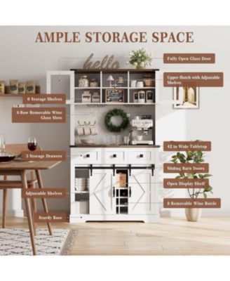 72" Pure White Farmhouse Bar Cabinet with Sliding Barn Door, Kitchen Buffet with Hutch, 3 Drawers, Wine & Glasses Rack