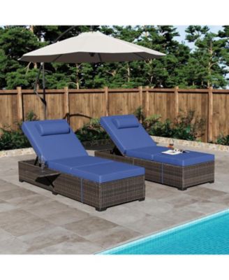 2 PCS All-Weather Outdoor Rattan Patio Chaise Lounge Recliner Chairs with Adjustable Backrest & Cushions for Poolside & Garden