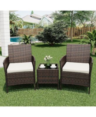 3 Pieces Brown/Beige Rattan Patio Furniture Set with Upholstered Chairs & Coffee Table for Garden, Backyard & Porch