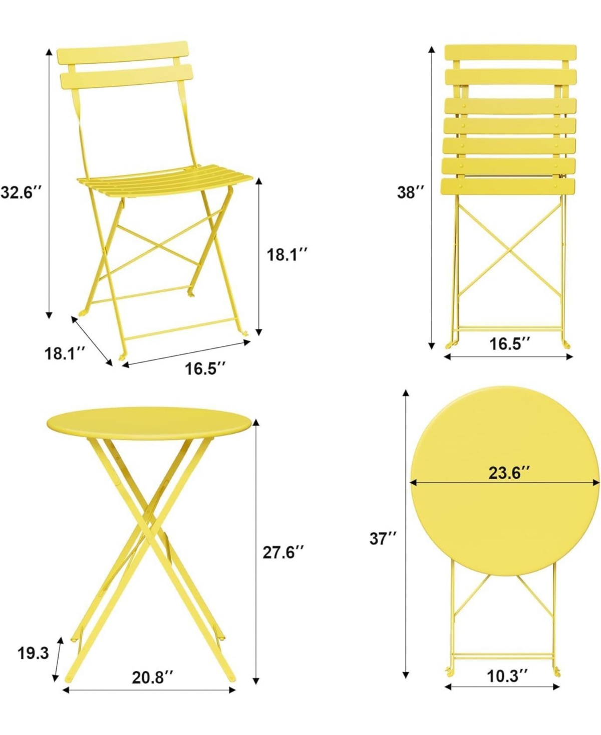 Gaomon 3-Piece Black Bistro Set, Folding Outdoor Furniture with Premium Steel Frame Table & 2 Folding Chairs, Balcony Use