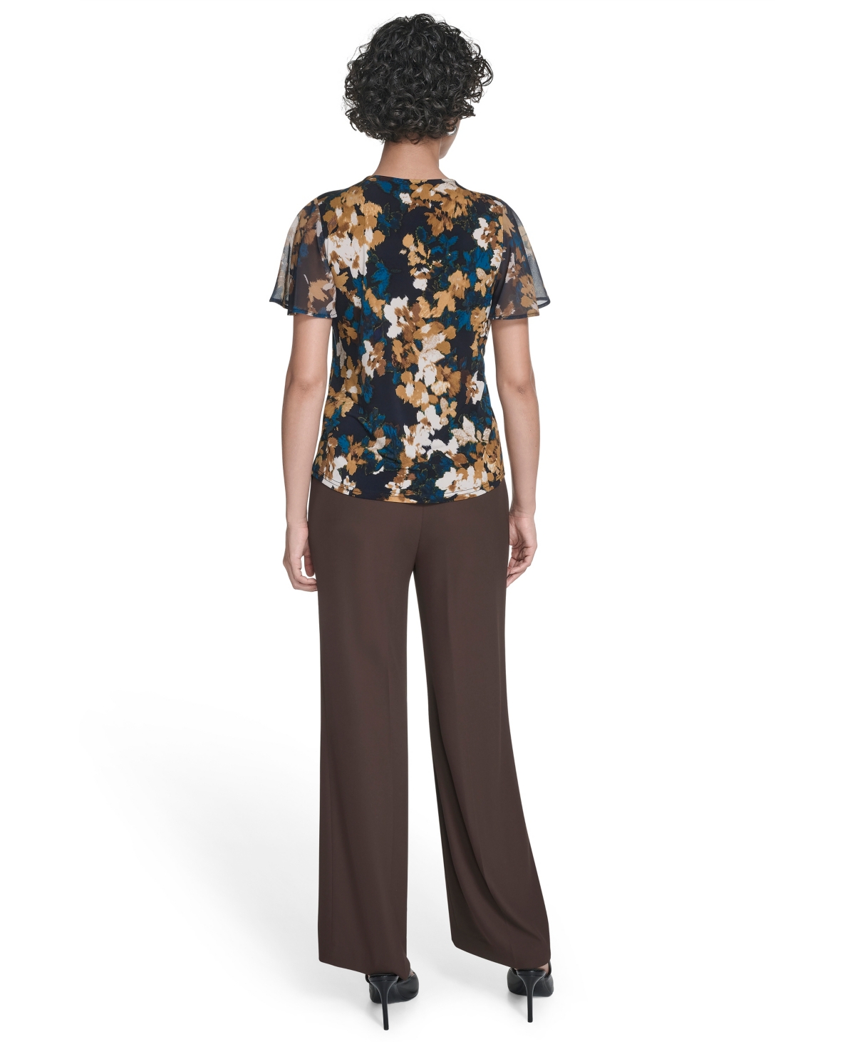 Calvin Klein Petite Printed V-neck Flutter Sleeve Top In Multi