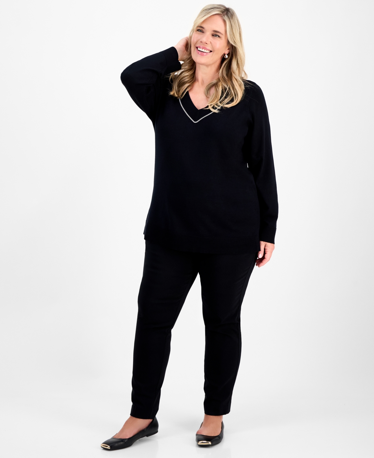 Jm Collection Plus Size Embellished V-neck Sweater, Macy's Exclusive In Black