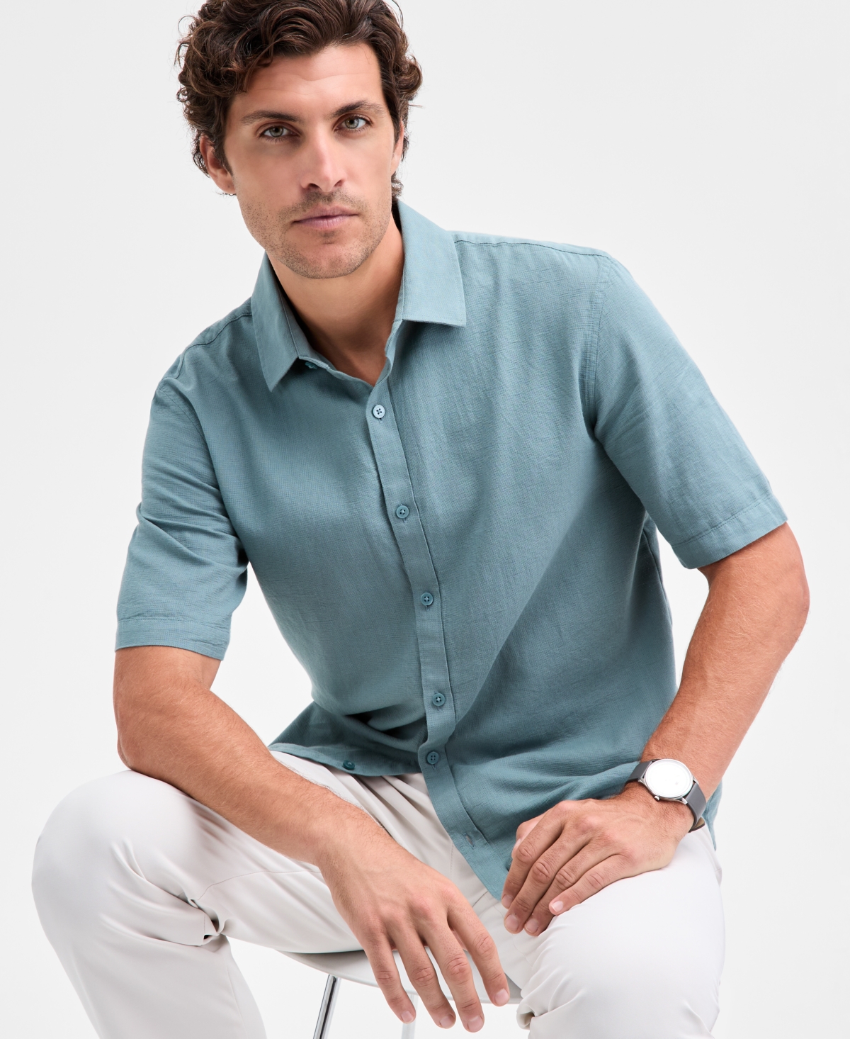 Alfani Men's Short-sleeve Solid Textured Shirt, Created For Macy's In Green