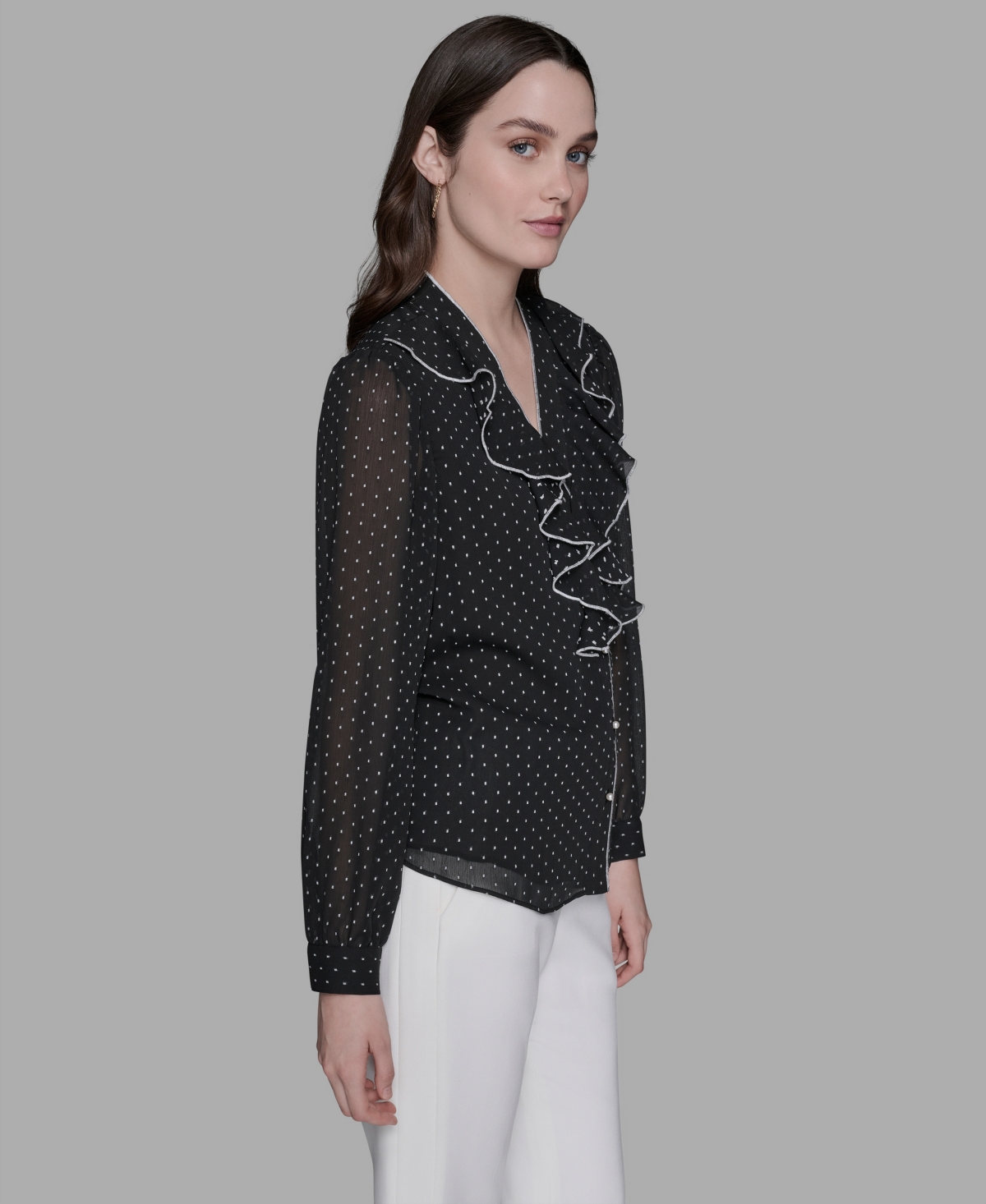 Karl Lagerfeld Women's Clip-dot Ruffled Blouse In Gray
