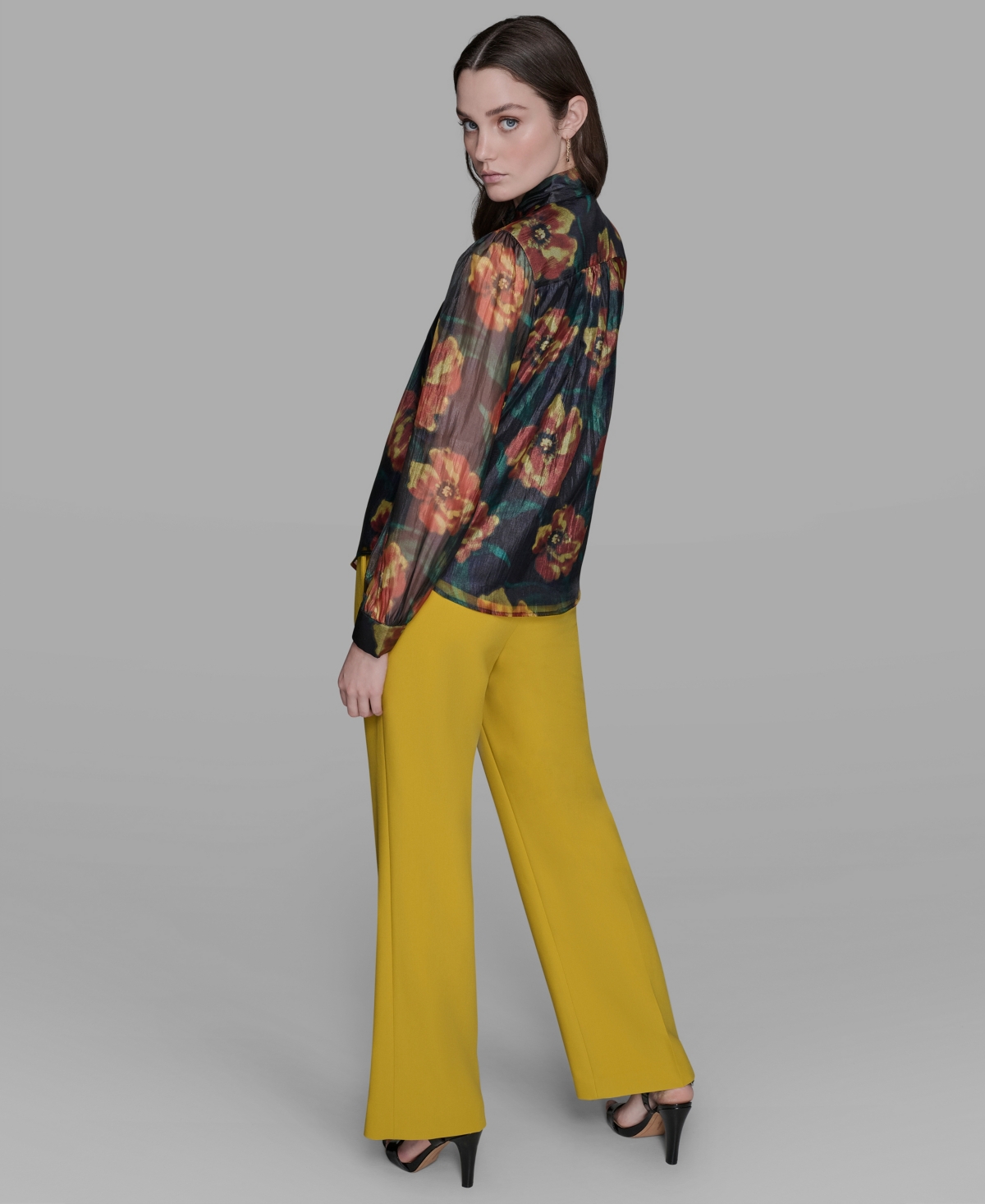 Karl Lagerfeld Women's Floral-print Mock-neck Blouse In Black