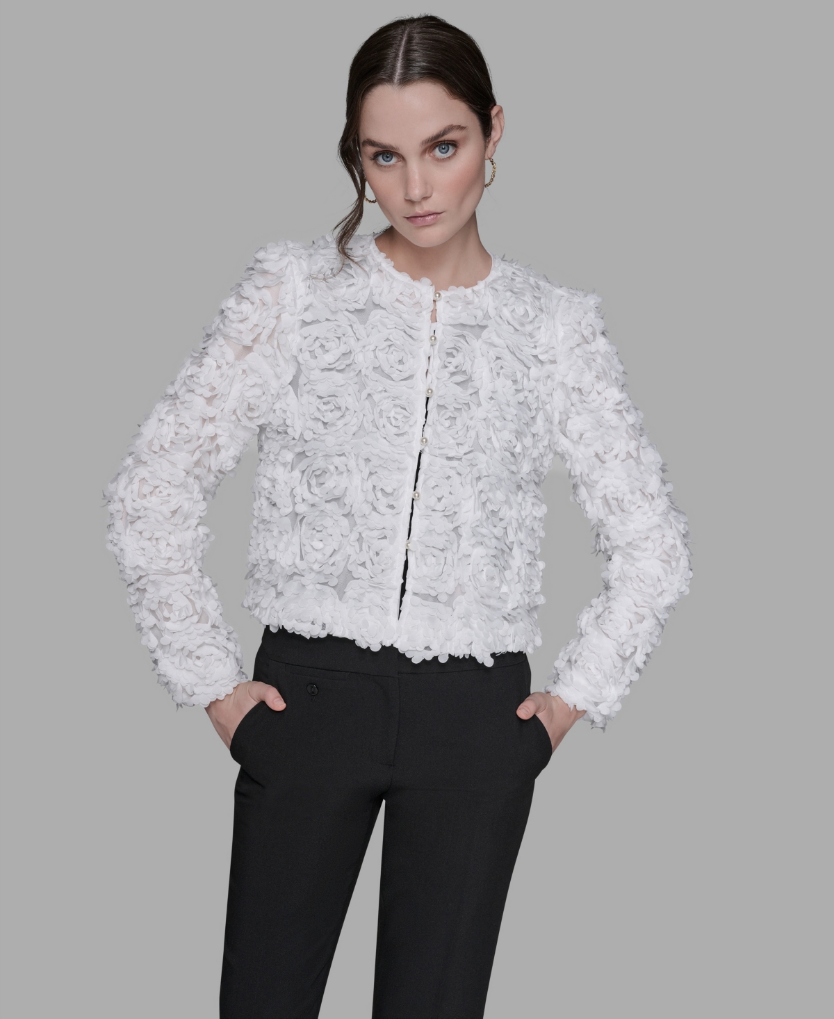 Karl Lagerfeld Women's 3d Floral Applique Jacket In White