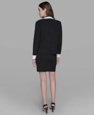 Karl Lagerfeld Womens Cotton Colorblocked Pencil Skirt Embellished Pleated Top Cotton One Button Knit Blazer In Black