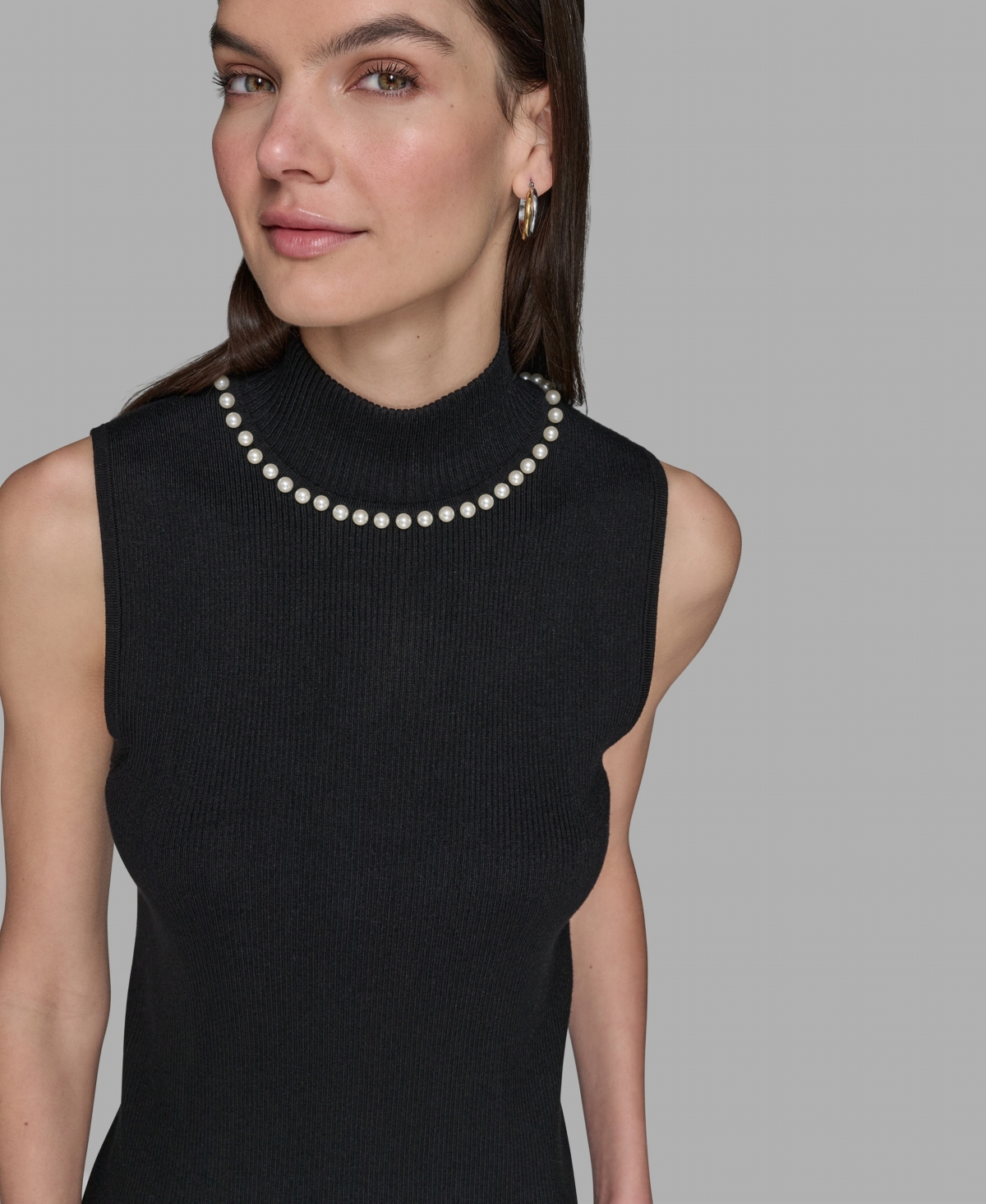 Karl Lagerfeld Women's Bead-embellished Sleeveless Mock-neck Top In Black