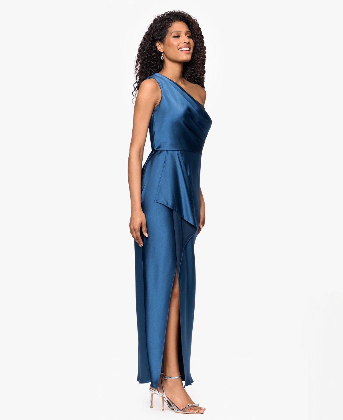 Xscape Women's Bridesmaid One Shoulder Satin Long Dress In Blue