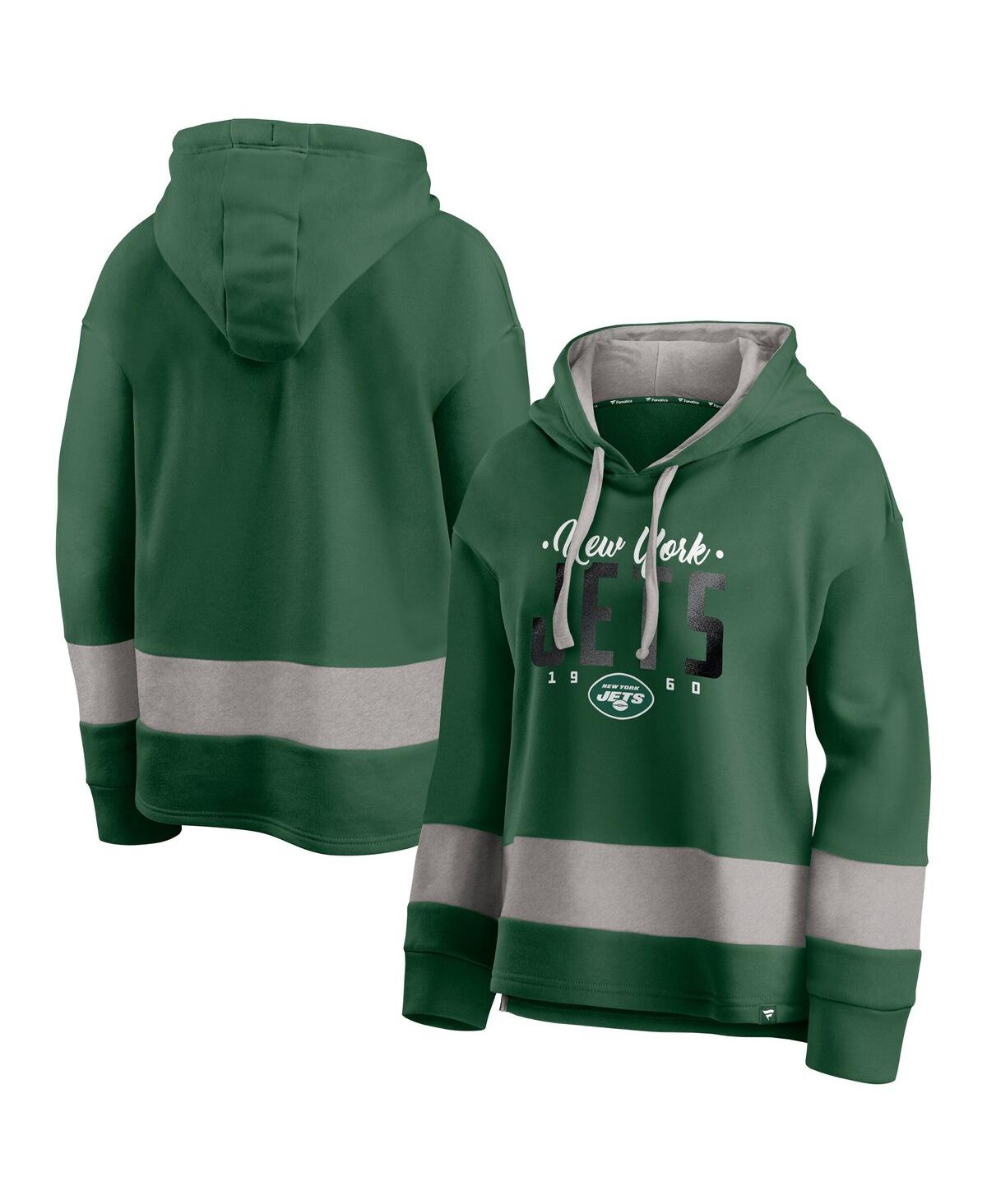 Fanatics Women's Green/gray New York Jets Huddle Up Fundamental Fleece Color Block Pullover Hoodie In Green