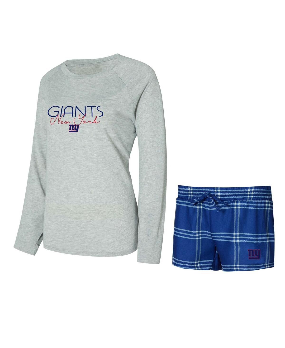 Concepts Sport Women's Royal/gray New York Giants Petition Raglan Long Sleeve Top And Shorts Set In Multi