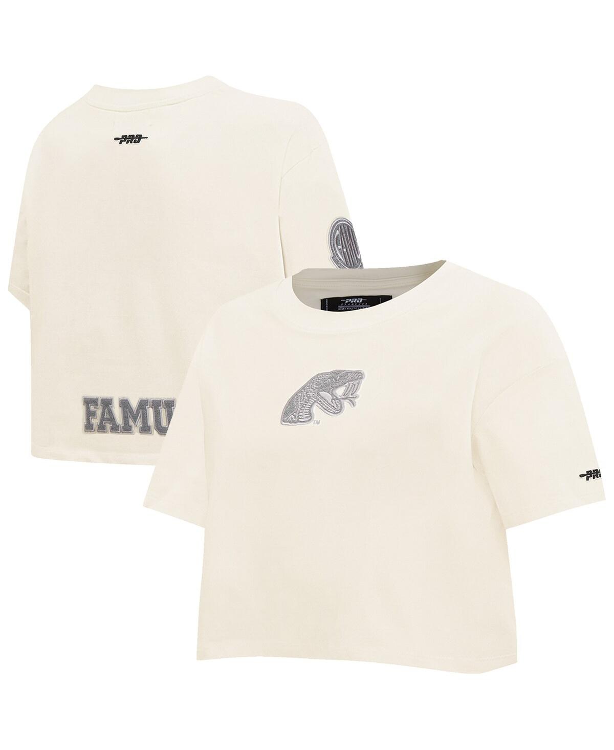 Pro Standard Women's Cream Florida A&m Rattlers Reverse French Terry Boxy Cropped T-shirt In White