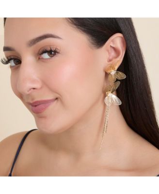 Long Butterfly Drop Earrings in Shimmering Gold-Tone