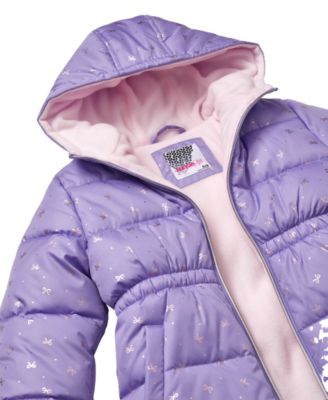 Toddler and Little Girls' Foil Bow Puffer Jacket with Beanie