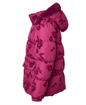 Toddler and Little Girls Flocked Floral Puffer Jacket