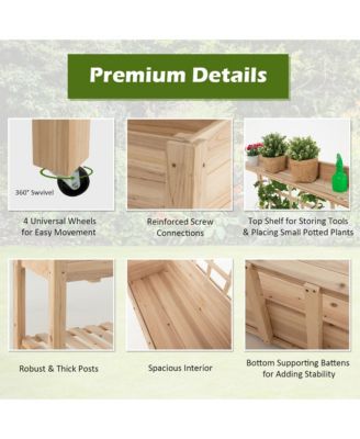 Raised Garden Bed Mobile Elevated Wooden Planter Box w/ Wheels Trellis Shelf 41.5'' x 16'' x 54'' (L x W x H)