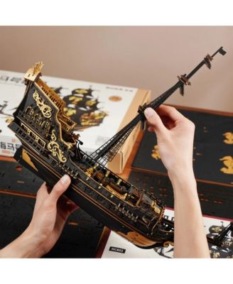 3D Puzzles, Wooden Puzzle with Pirate Ship Theme, Building Toys for Kids Adults, Black, 18.5"7.1"15.4