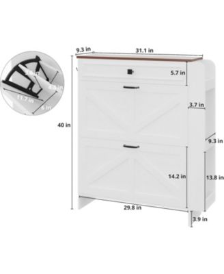 Shoe Storage Cabinet with 2 Flip Drawers and Barn Door, White/Walnut