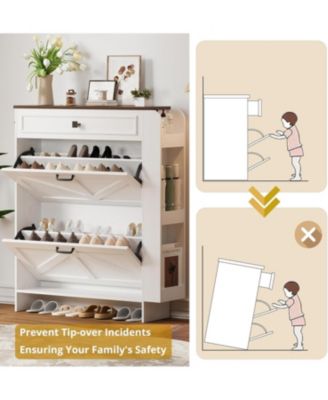 Shoe Storage Cabinet with 2 Flip Drawers and Barn Door, White/Walnut