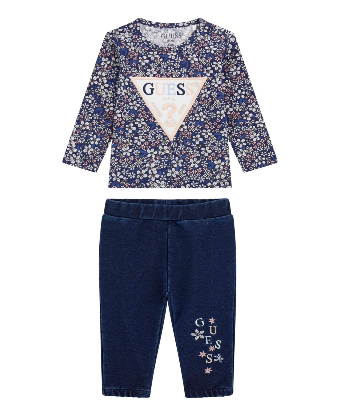 Комплект GUESS Long Sleeve T-Shirt and Knit Denim Pants, 2-Piece Set для девочек-малышей, цвет: Синий — фото 1