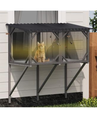 43.3 in. Outdoor Cat Enclosure with Bug Proof Net for Sunbathing, Napping and Viewing, Window Perch in Gray