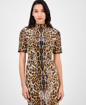Women's Sequined Animal-Print Short-Sleeve Bodycon Dress