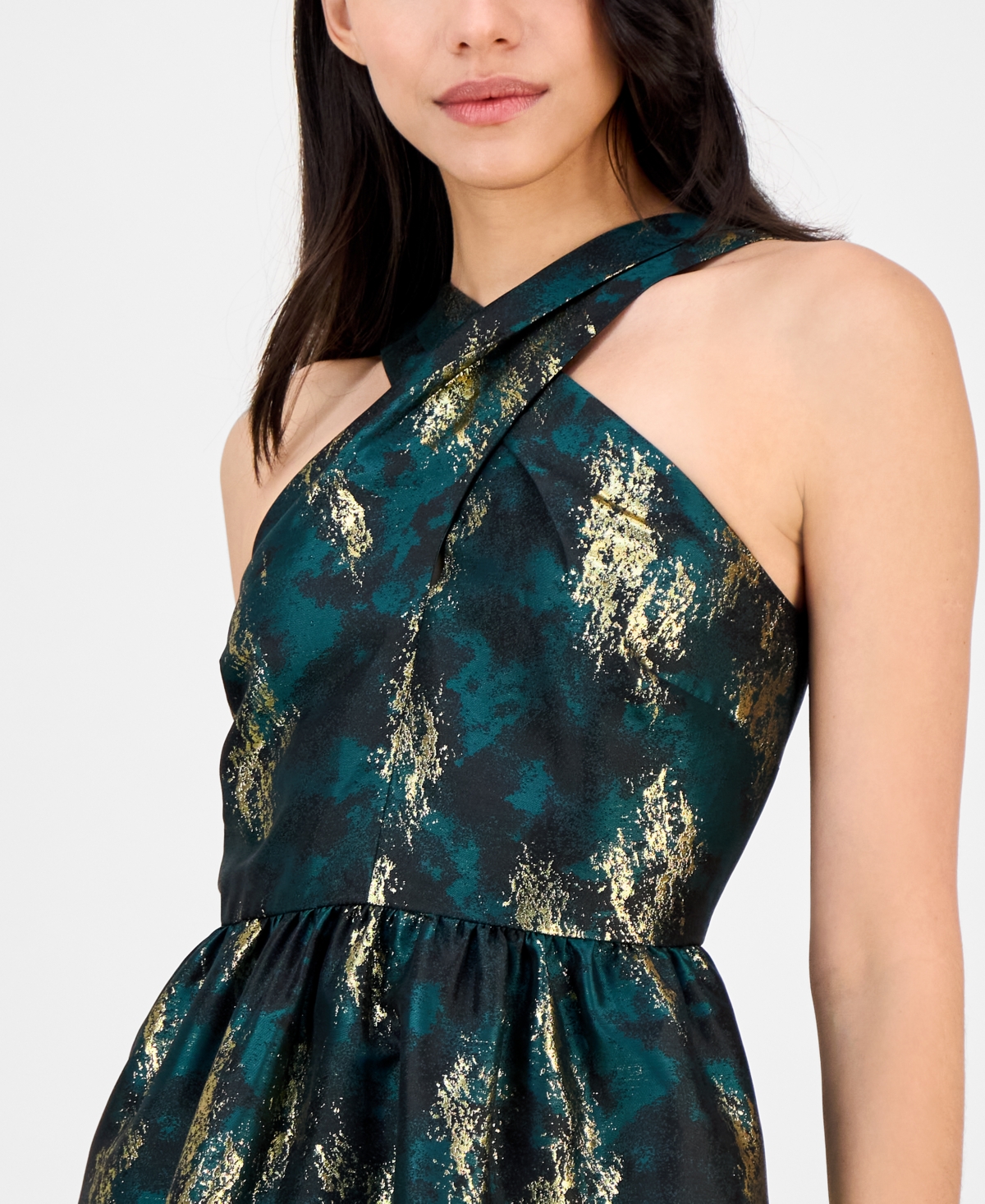 Anne Klein Metallic Crossover Neck Brocade Dress In Green