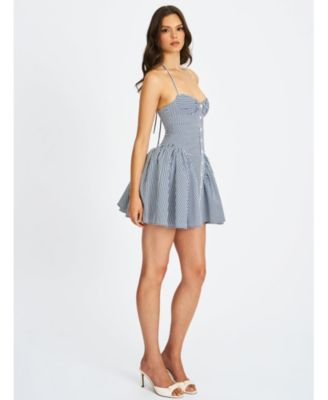 Women Melody Navy Blue Railroad Stripe Halter Drop Waist Mini Dress