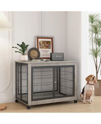 Grey Dog Crate Side Table with Wheels Double Doors and Lift Top