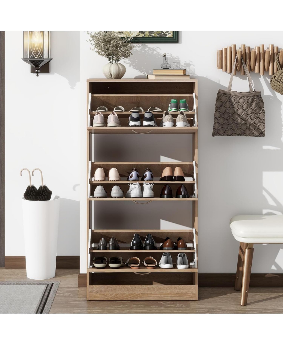 Vanirror 3 Drawer Shoe Storage Cabinet, 3 Tier Wood Shoe Rack Storage Organizer for Entryway