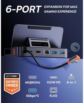 Steam Deck Dock, 6-in-1 Docking Station for Steam Deck/ROG Ally X/Legion Go with HDMI 2.0 4K60Hz, Gigabit Ethernet,100W PD and 3 USB-A Ports