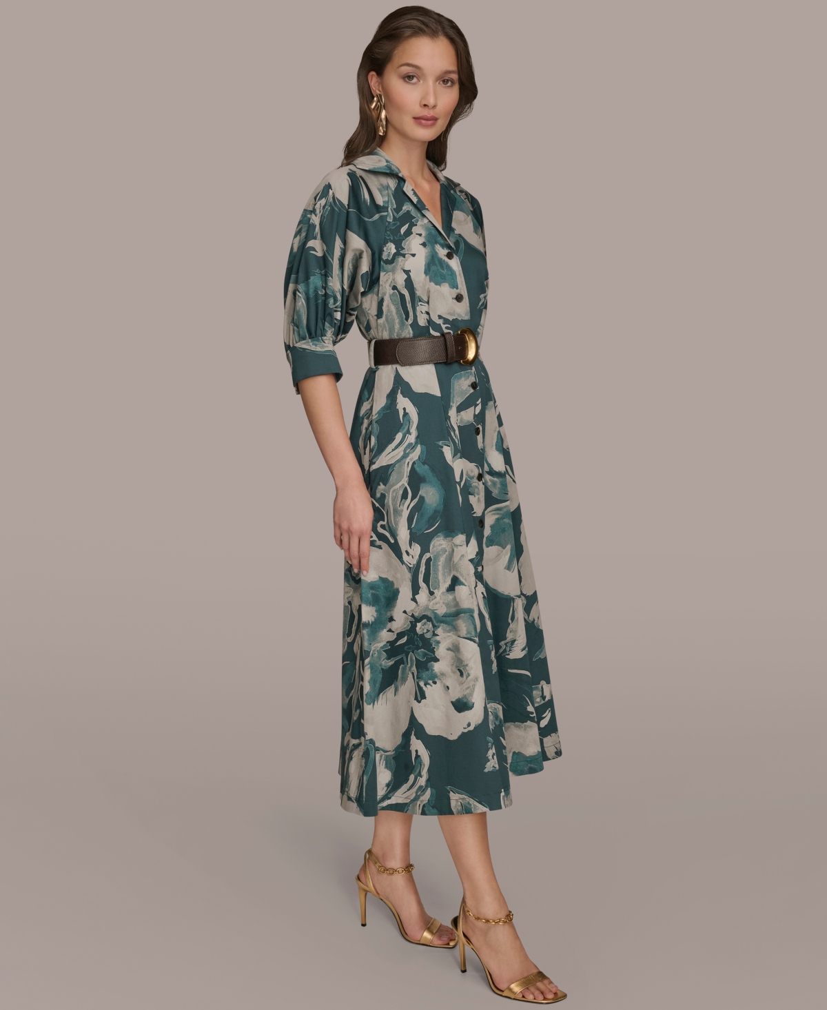 Donna Karan Abstract Floral Belted Midi Shirtdress In Green