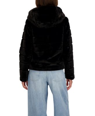 Women's Hooded Grooved Short Faux Fur Jacket