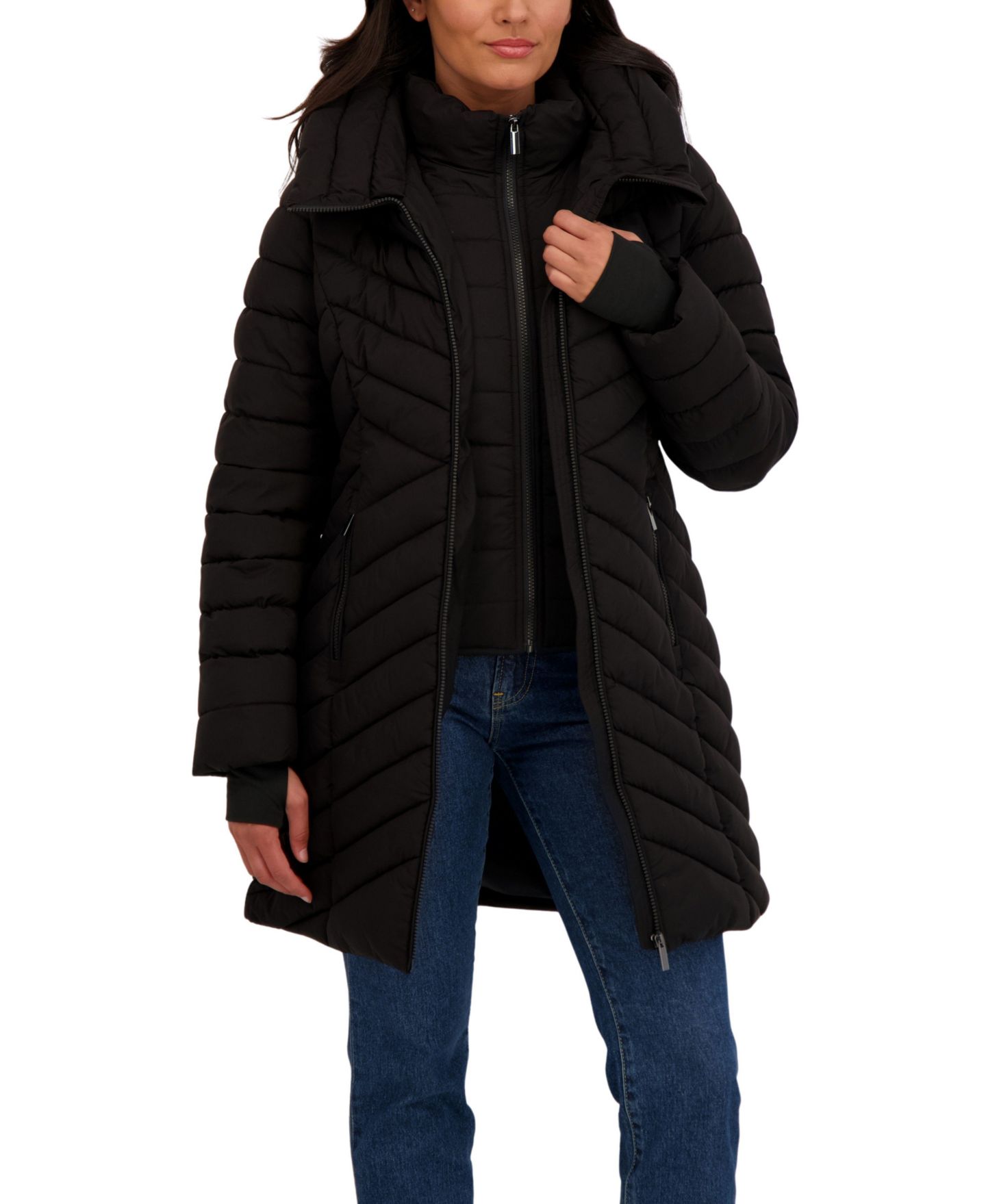 Женская куртка Sebby Collection 3/4 Hooded Stretch Puffer with Bib, цвет: Чёрный — фото 3