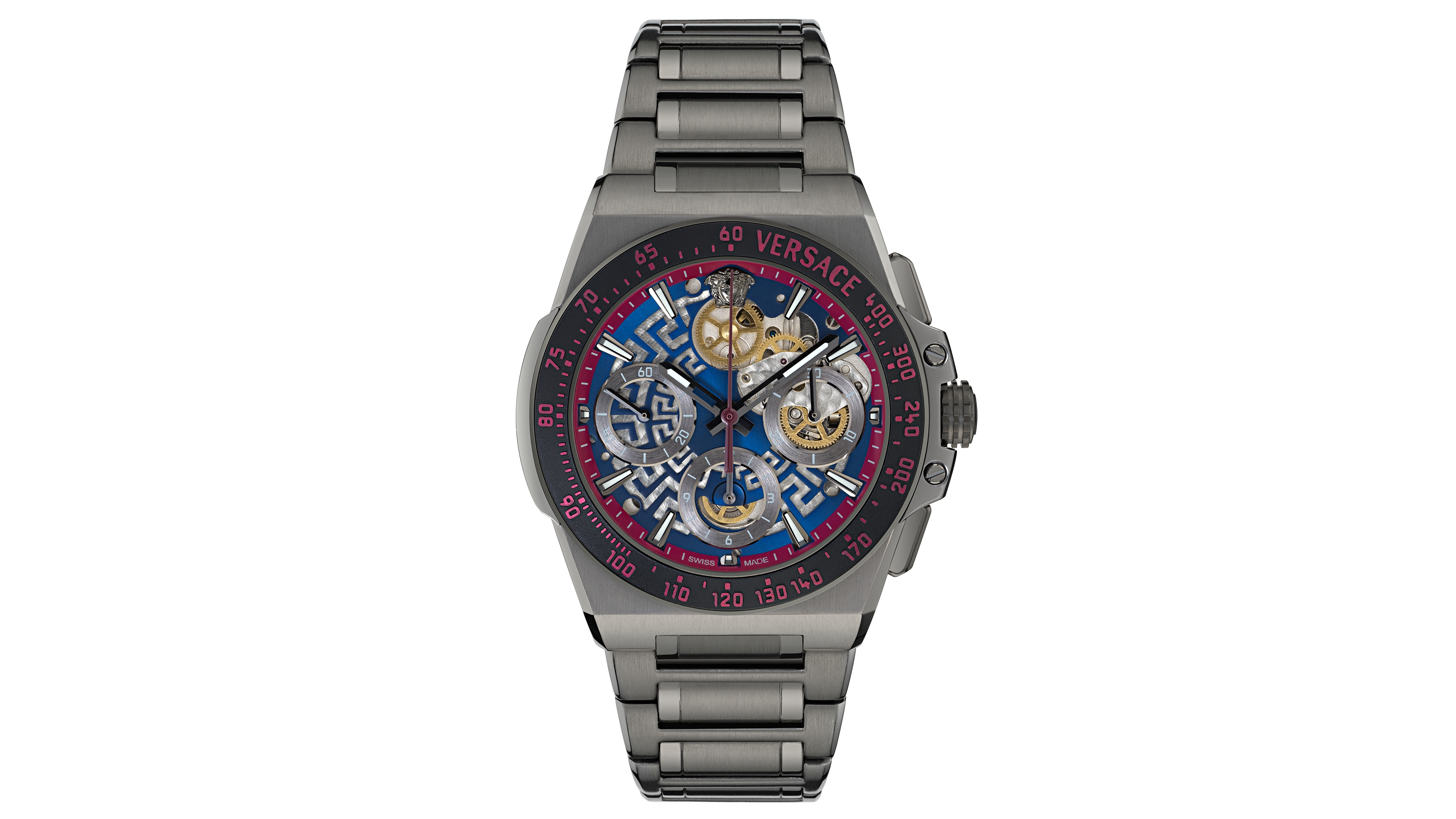 Versace Men's Swiss Automatic Chronograph Greca Extreme Gunmetal Ion Plated Bracelet Watch 43mm