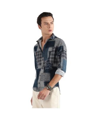 Men's Navy Blue Herringbone Block Shirt